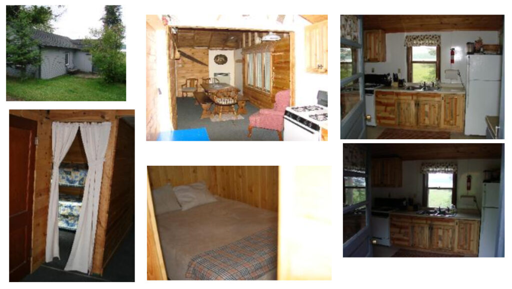 Cabin 1 photo collage showing exterior, kitchen, bedrooms, and bathroom
