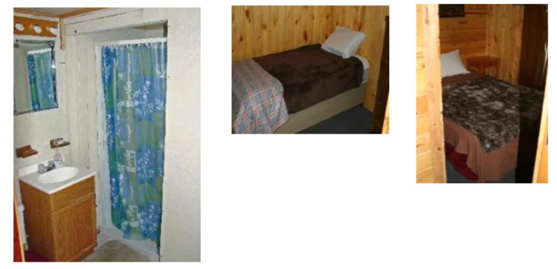 Cabin 1 photo collage showing exterior, kitchen, bedrooms, and bathroom