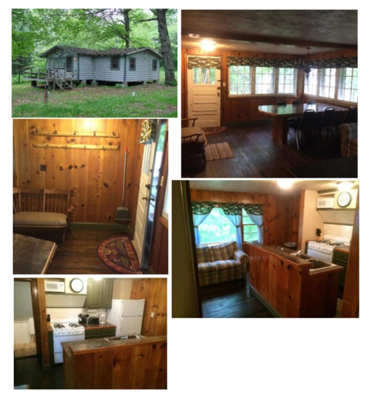 Cabin 10 photo collage showing exterior, kitchen, bedrooms, and bathroom