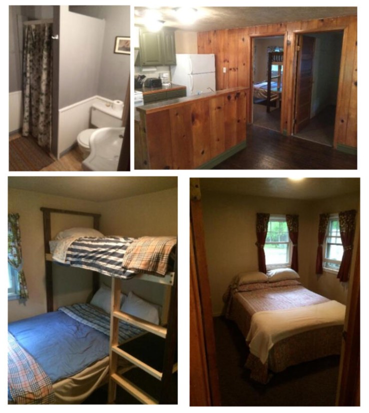 Cabin 10 photo collage showing exterior, kitchen, bedrooms, and bathroom