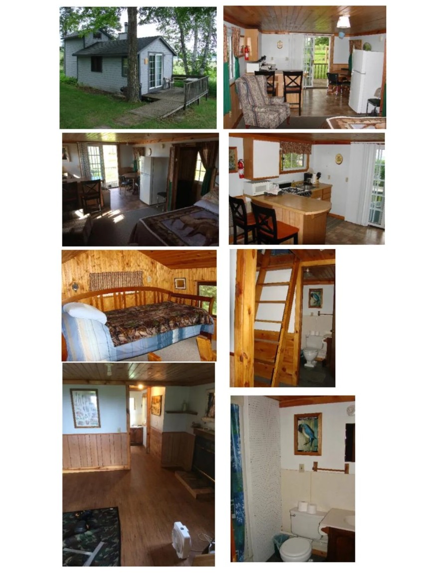 Cabin 2 photo collage showing exterior, kitchen, bedrooms, and bathroom