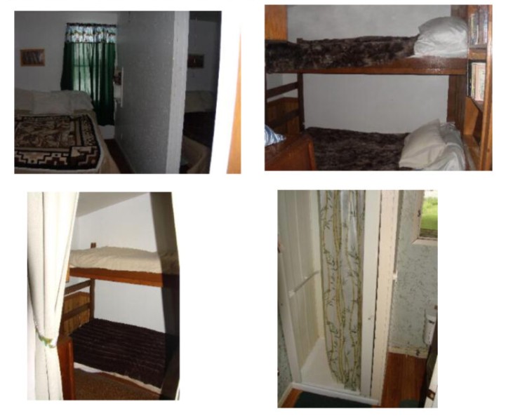 Cabin 4 photo collage showing exterior, kitchen, bedrooms, and bathroom