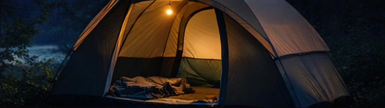 Tent at night at a wooded campsite